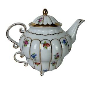 Ganz Floral Porcelain Tea for One Set White Gold Trim Stackable Teapot Teacup